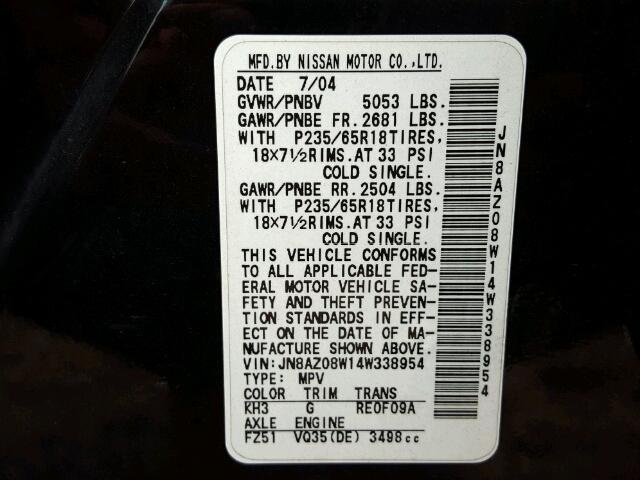 JN8AZ08W14W338954 - 2004 NISSAN MURANO SL/ BLACK photo 10