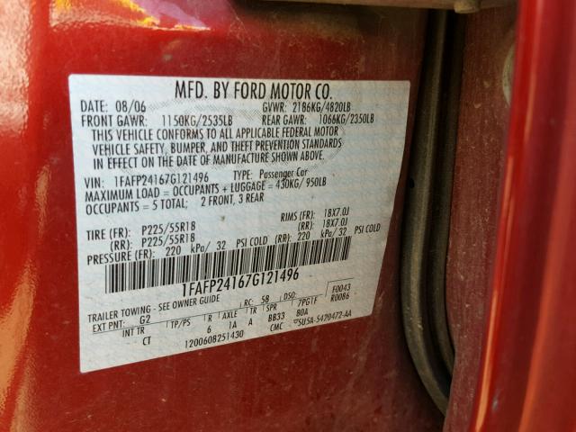 1FAFP24167G121496 - 2007 FORD FIVE HUNDR RED photo 10