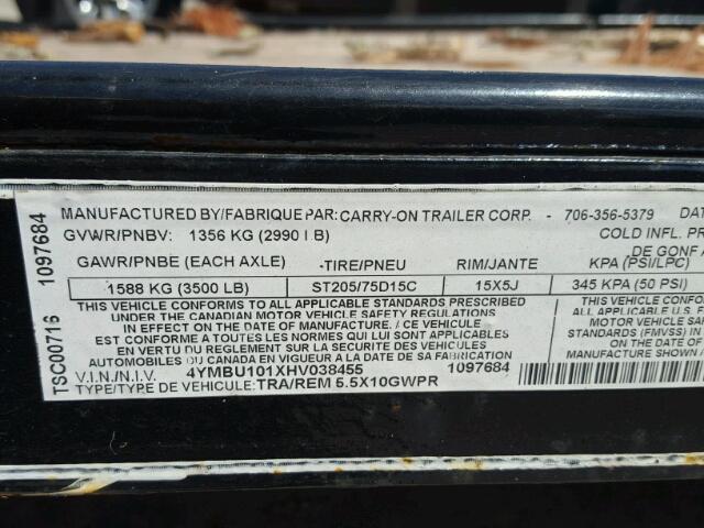 4YMBU101XHV038455 - 2017 UTILITY TRAILER BLACK photo 10