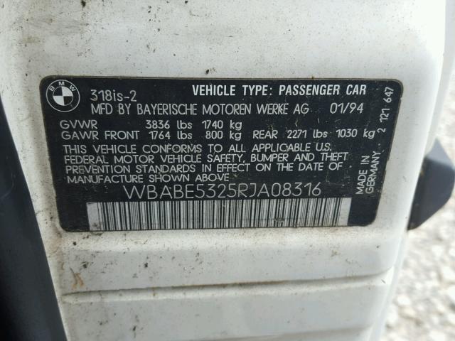 WBABE5325RJA08316 - 1994 BMW 318 IS WHITE photo 10
