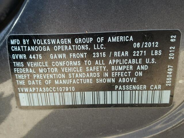 1VWAP7A30CC107910 - 2012 VOLKSWAGEN PASSAT S رمادي صورة 10