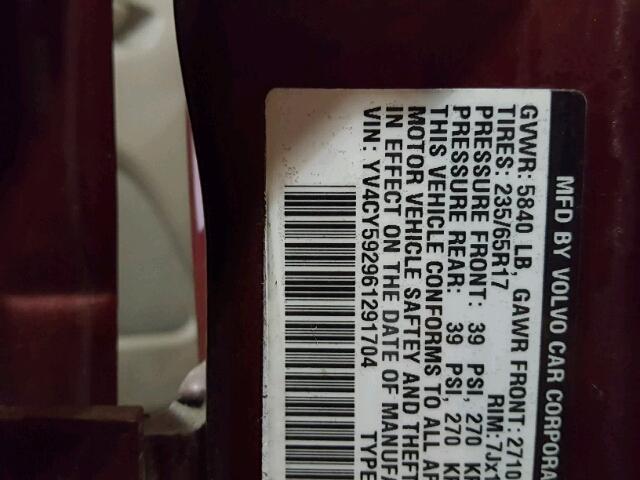 YV4CY592961291704 - 2006 VOLVO XC90 RED photo 10