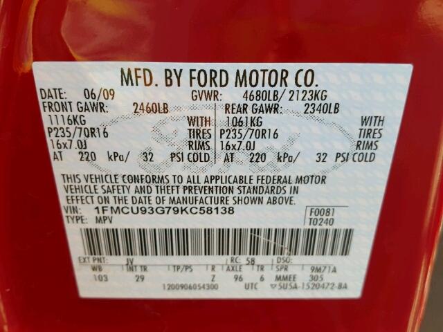 1FMCU93G79KC58138 - 2009 FORD ESCAPE XLT RED photo 10