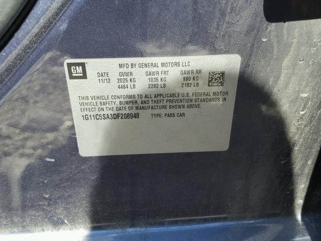 1G11C5SA3DF208948 - 2013 CHEVROLET MALIBU 1LT BLUE photo 10