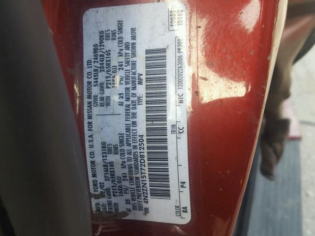 4N2ZN15T72D812504 - 2002 NISSAN QUEST GXE RED photo 10