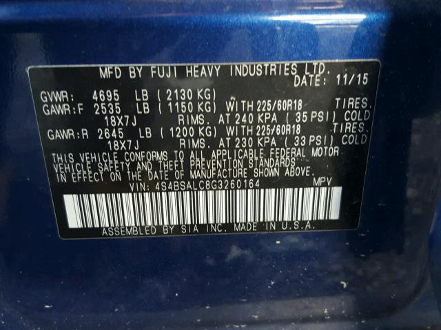 4S4BSALC8G3260164 - 2016 SUBARU OUTBACK 2. BLUE photo 10