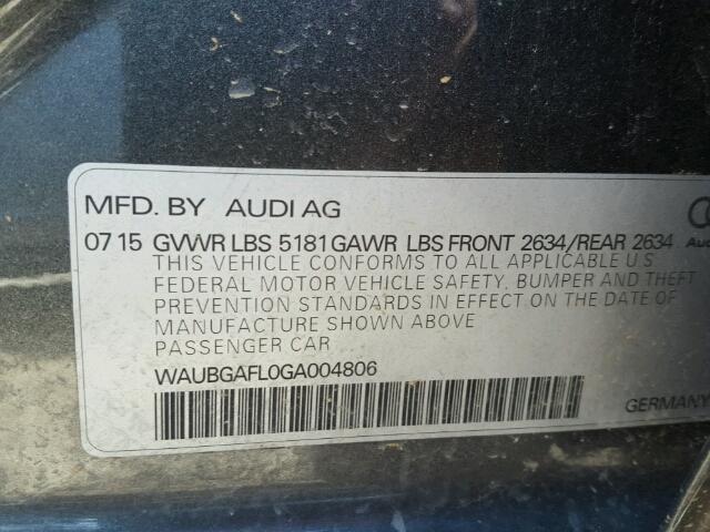 WAUBGAFL0GA004806 - 2016 AUDI S4 PREMIUM GRAY photo 10