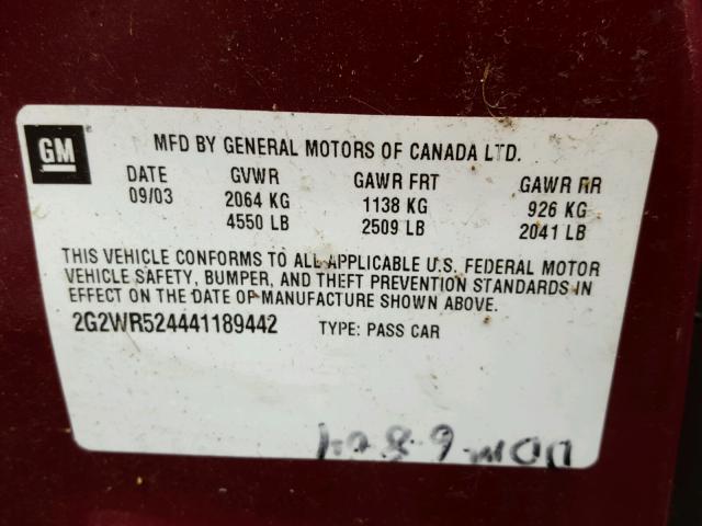 2G2WR524441189442 - 2004 PONTIAC GRAND PRIX MAROON photo 10