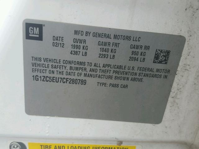 1G1ZC5EU7CF280789 - 2012 CHEVROLET MALIBU 1LT 白色 照片 10