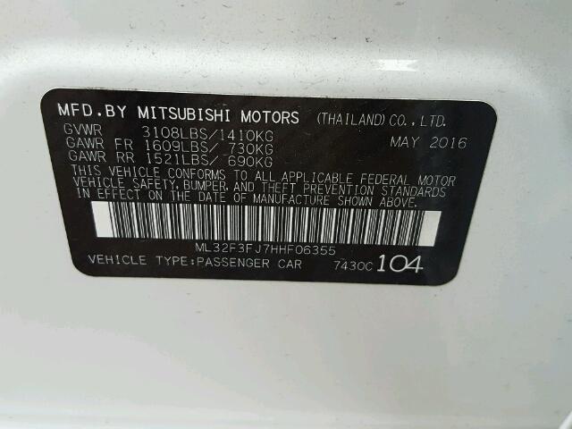 ML32F3FJ7HHF06355 - 2017 MITSUBISHI MIRAGE WHITE photo 10