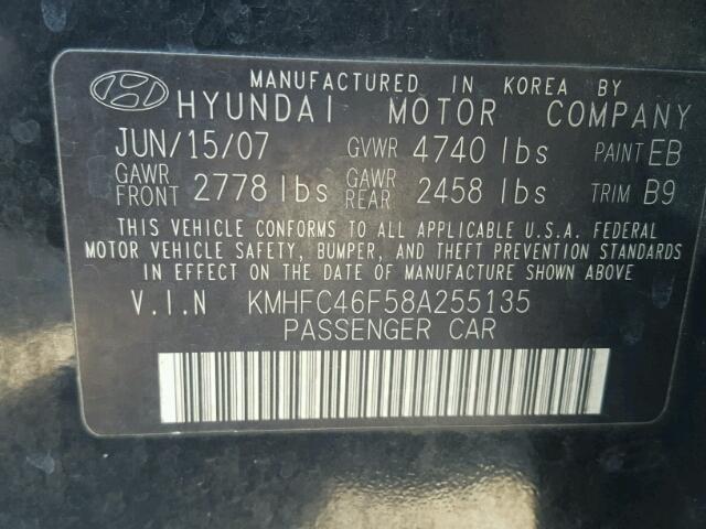 KMHFC46F58A255135 - 2008 HYUNDAI AZERA SE BLACK photo 10