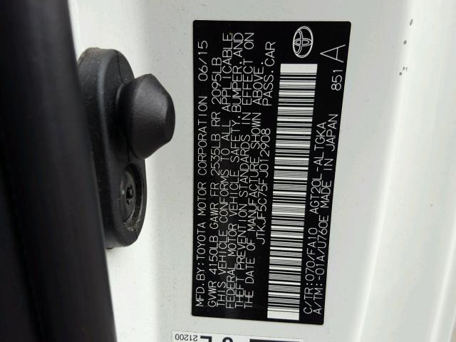 JTKJF5C75FJ012908 - 2015 TOYOTA SCION TC 白色 照片 10