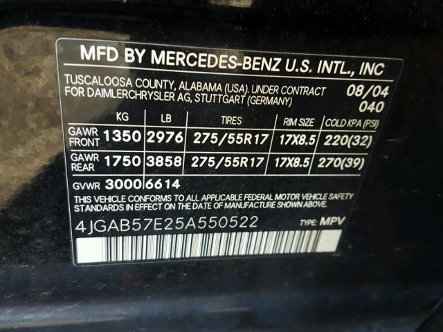 4JGAB57E25A550522 - 2005 MERCEDES-BENZ ML 350 BLACK photo 10