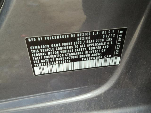 3VW2K7AJ2CM383232 - 2012 VOLKSWAGEN JETTA BASE 灰色 照片 10