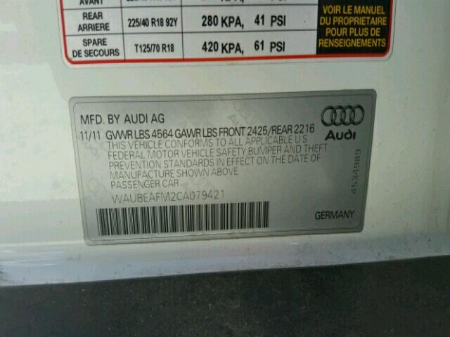 WAUBEAFM2CA079421 - 2012 AUDI A3 PREMIUM WHITE photo 10