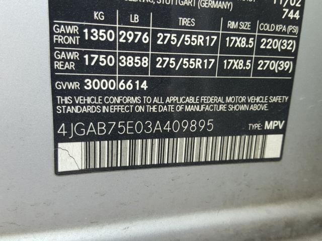 4JGAB75E03A409895 - 2003 MERCEDES-BENZ ML 500 SILVER photo 10