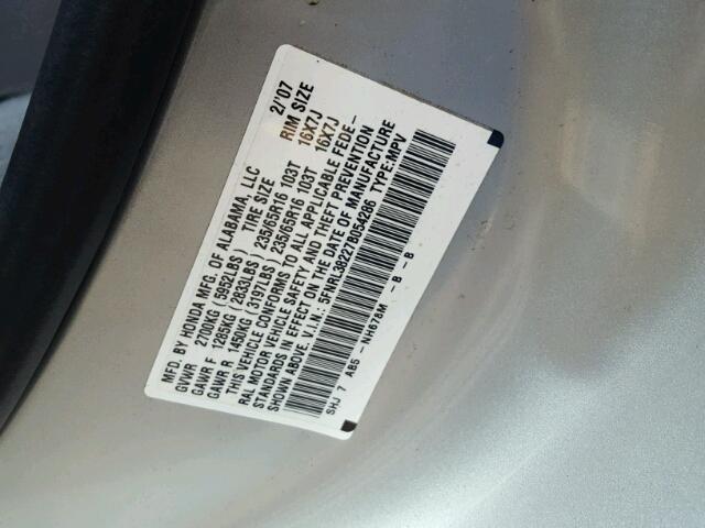 5FNRL38227B054286 - 2007 HONDA ODYSSEY LX SILVER photo 10