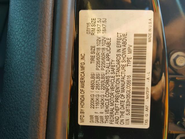 5J8TB3H35GL005616 - 2016 ACURA RDX BASE BLACK photo 10