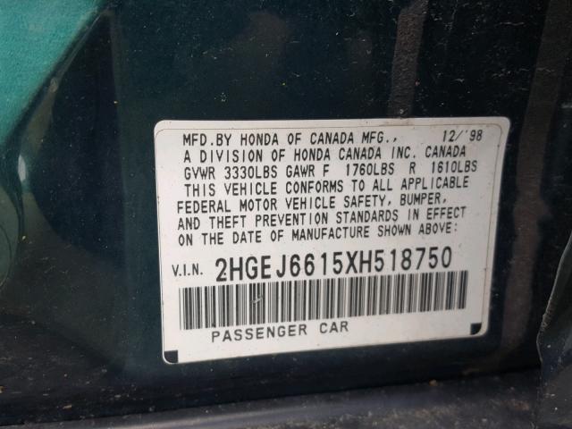 2HGEJ6615XH518750 - 1999 HONDA CIVIC BASE 绿色 照片 10