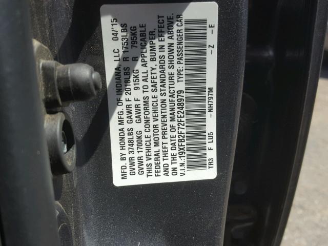 19XFB2F72FE248979 - 2015 HONDA CIVIC SE GRAY photo 10