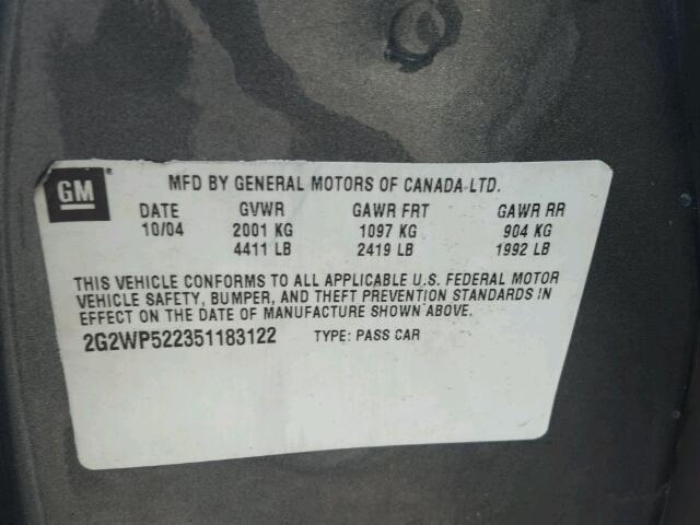 2G2WP522351183122 - 2005 PONTIAC GRAND PRIX GRAY photo 10