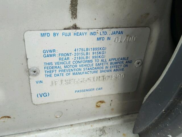 JF1SF65651H704890 - 2001 SUBARU FORESTER S ვერცხლისფერი ფოტო 10