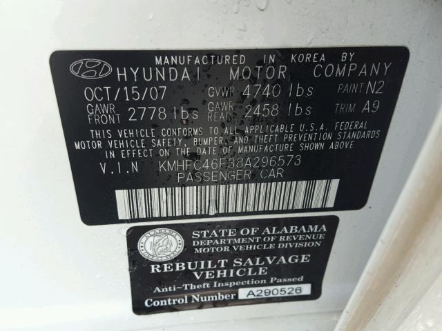 KMHFC46F38A296573 - 2008 HYUNDAI AZERA SE WHITE photo 10