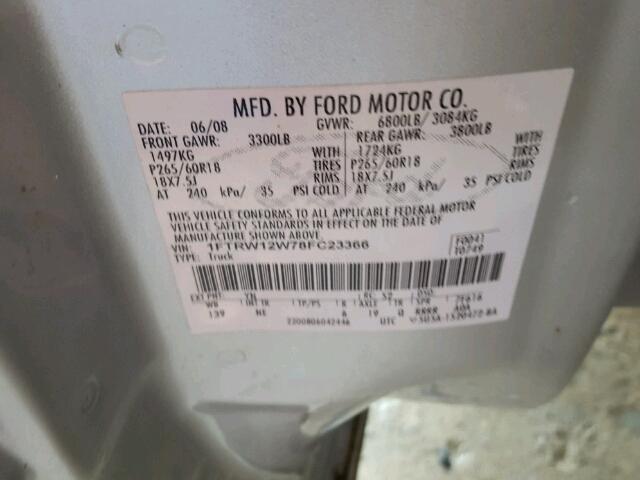 1FTRW12W78FC23366 - 2008 FORD F150 SUPER SILVER photo 10