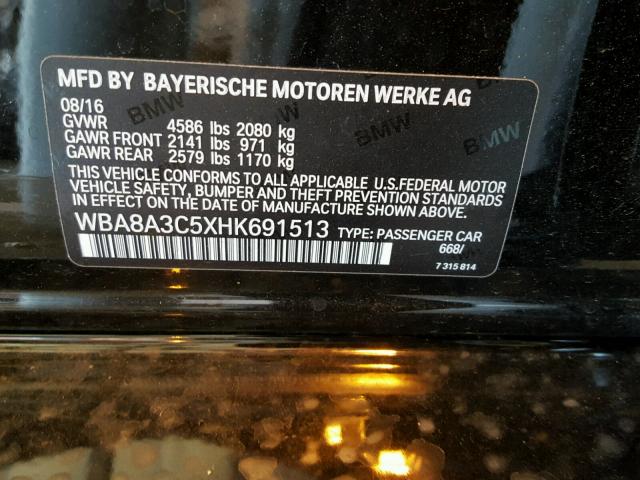 WBA8A3C5XHK691513 - 2017 BMW 320 XI BLACK photo 10