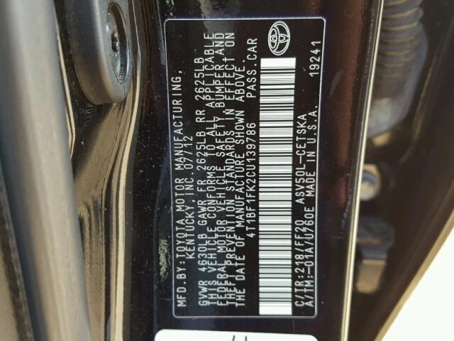 4T1BF1FK2CU139786 - 2012 TOYOTA CAMRY/SE/L BLACK photo 10