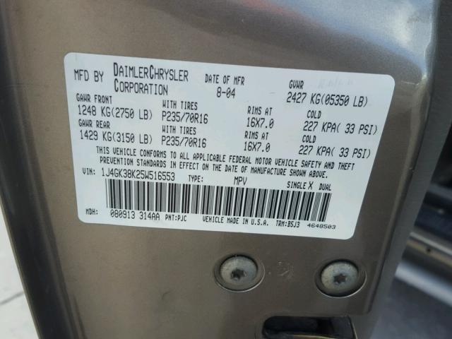 1J4GK38K25W516553 - 2005 JEEP LIBERTY RE BEIGE photo 10