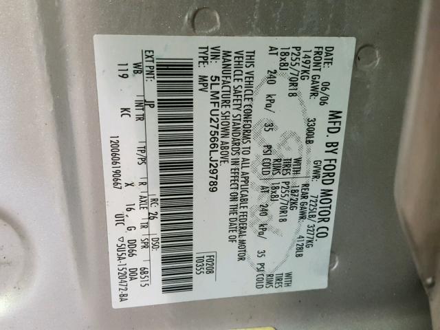 5LMFU27566LJ29789 - 2006 LINCOLN NAVIGATOR SILVER photo 10