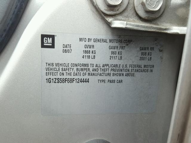 1G1ZS58F68F124444 - 2008 CHEVROLET MALIBU LS 银色 照片 10