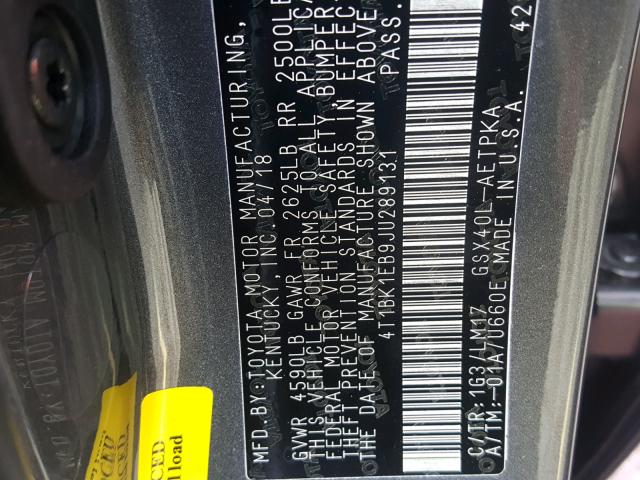 4T1BK1EB9JU289131 - 2018 TOYOTA AVALON XLE GRAY photo 10