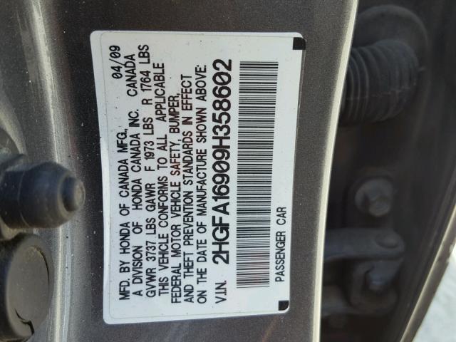 2HGFA16909H358602 - 2009 HONDA CIVIC EXL გრაფიტი ფოტო 10