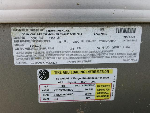 4X4TSME237A296624 - 2007 SALM FOREST RIV WHITE photo 10