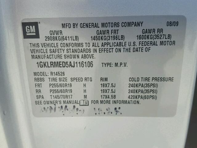 1GKLRMED5AJ116106 - 2010 GMC ACADIA SLT ვერცხლისფერი ფოტო 10