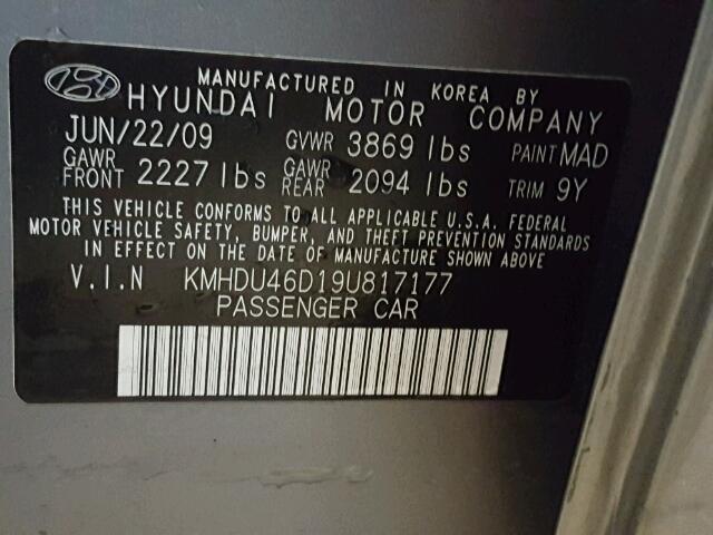 KMHDU46D19U817177 - 2009 HYUNDAI ELANTRA GL GRAY photo 10