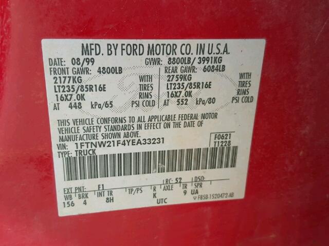 1FTNW21F4YEA33231 - 2000 FORD F250 SUPER RED photo 10