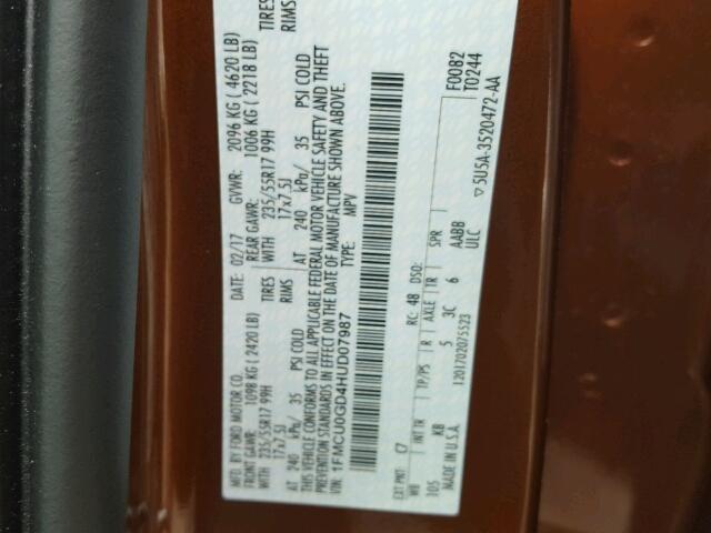 1FMCU0GD4HUD07987 - 2017 FORD ESCAPE SE 棕色 照片 10