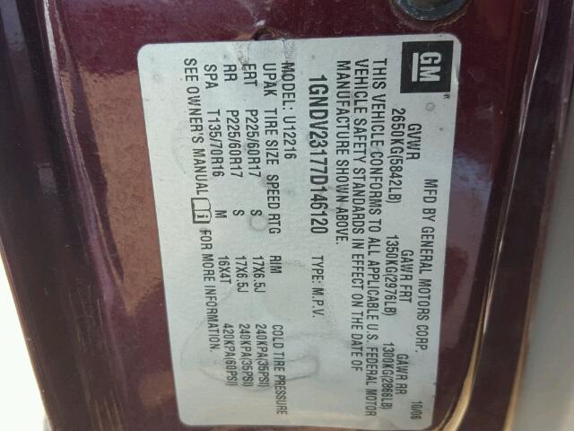 1GNDV23177D146120 - 2007 CHEVROLET UPLANDER L 栗色 照片 10