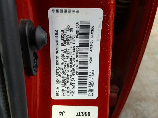 1NXBE40E09Z039704 - 2009 TOYOTA COROLLA XR RED photo 10