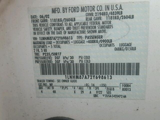 1LNHM87A72Y698613 - 2002 LINCOLN LS WHITE photo 10