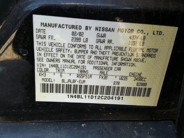 1N4BL11D12C204191 - 2002 NISSAN ALTIMA BLACK photo 10