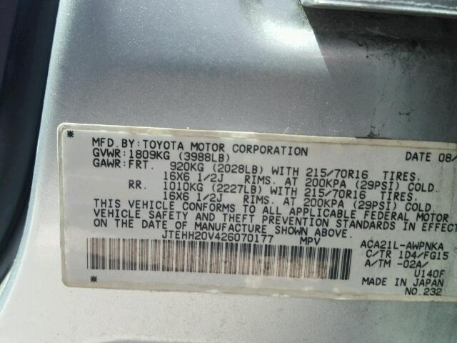 JTEHH20V426070177 - 2002 TOYOTA RAV4 SILVER photo 10