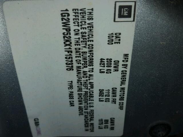 1G2WP52KX1F157376 - 2001 PONTIAC GRAND PRIX SILVER photo 10