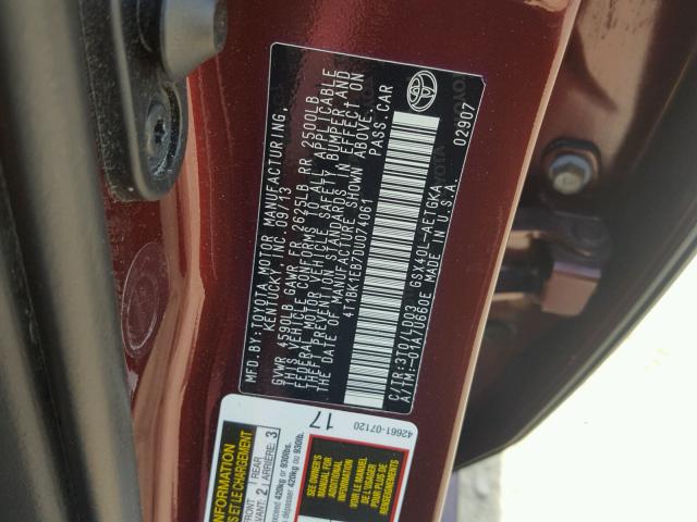 4T1BK1EB7DU074061 - 2013 TOYOTA AVALON BAS 勃艮第红 照片 10