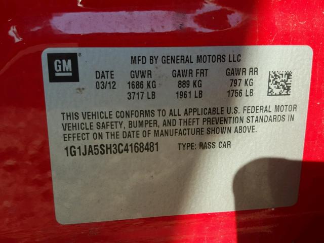 1G1JA5SH3C4168481 - 2012 CHEVROLET SONIC LS 红色 照片 10