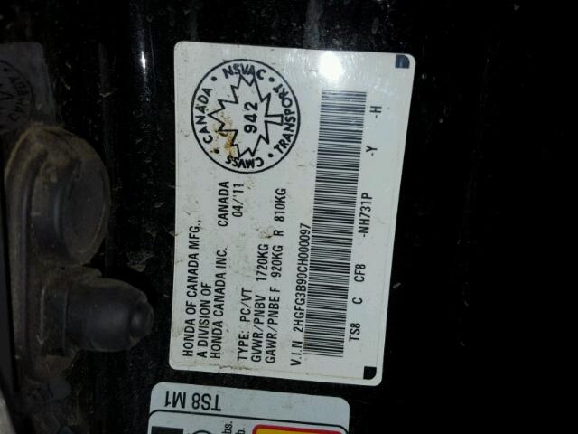 2HGFG3B90CH000097 - 2012 HONDA CIVIC EXL BLACK photo 10