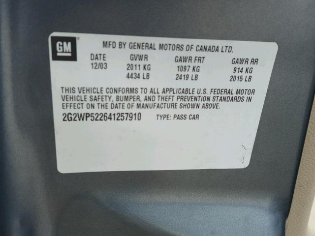 2G2WP522641257910 - 2004 PONTIAC GRAND PRIX GREEN photo 10